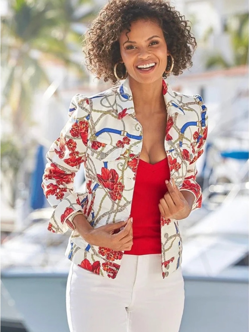 Boston Proper white denim nautical print jacket sz. M